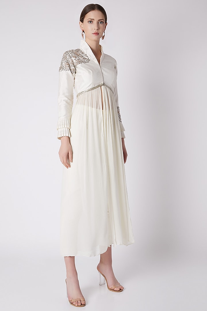 White Embroidered Jacket With Trousers by Disha Kahai