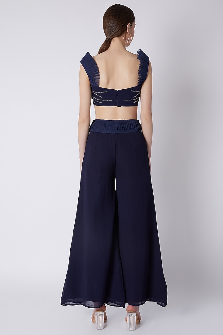 Cobalt Blue Embroidered Blouse With Palazzo & Dupatta by Disha Kahai at Pernia's Pop Up Shop