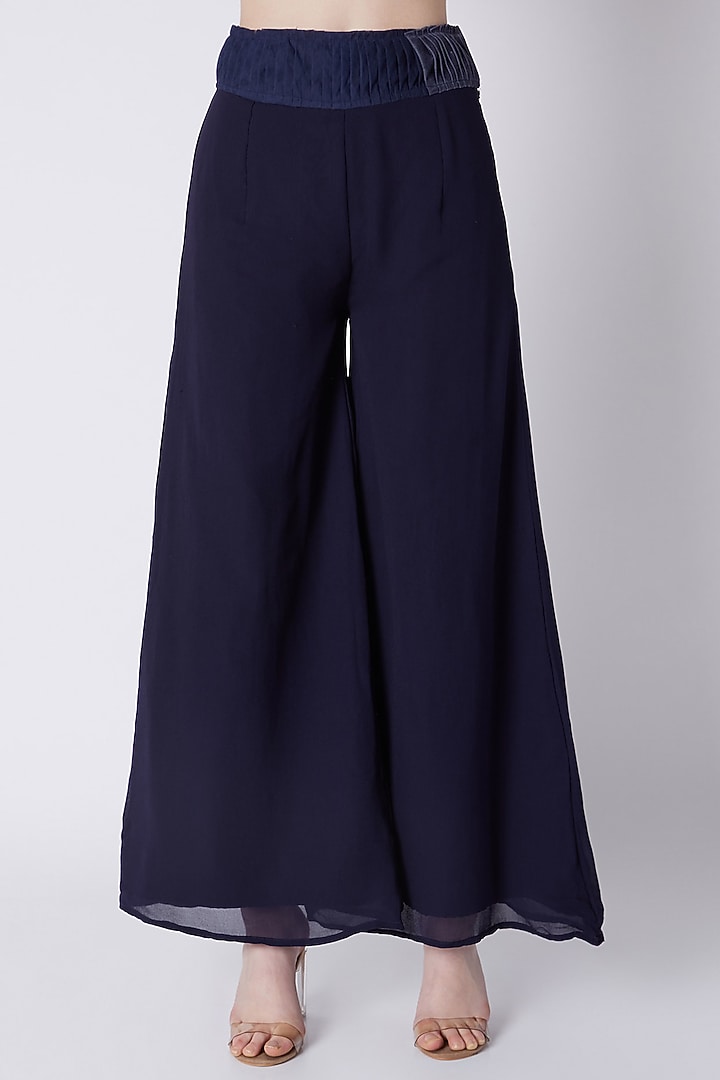 Cobalt Blue Embroidered Blouse With Palazzo & Dupatta by Disha Kahai at Pernia's Pop Up Shop