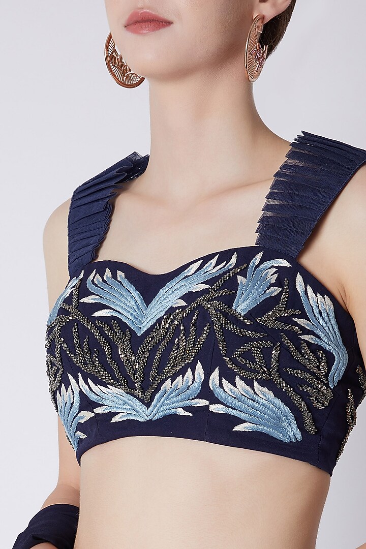 Cobalt Blue Embroidered Blouse With Palazzo & Dupatta by Disha Kahai at Pernia's Pop Up Shop