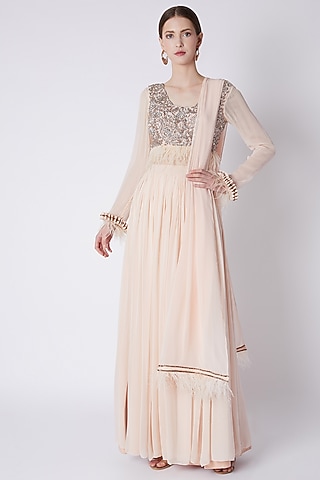 Blush Pink Crepe Lehenga Set by Disha Kahai