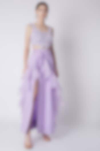 Lilac Embroidered Ruffled Gown by Disha Kahai