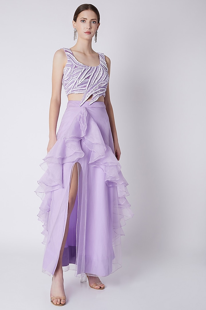 Lilac Embroidered Ruffled Gown by Disha Kahai