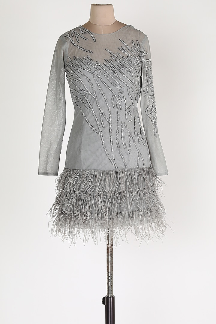 Grey Embroidered Feather Dress by Disha Kahai