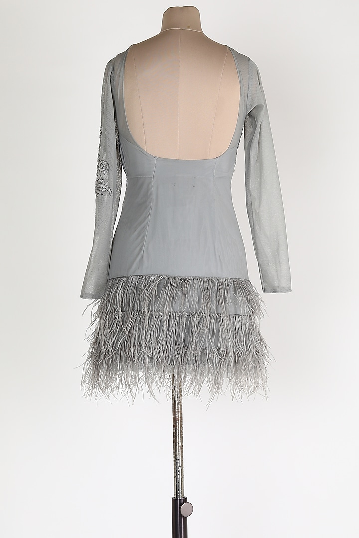 Grey Embroidered Feather Party Wear Dress by Disha Kahai at Pernia's Pop Up Shop
