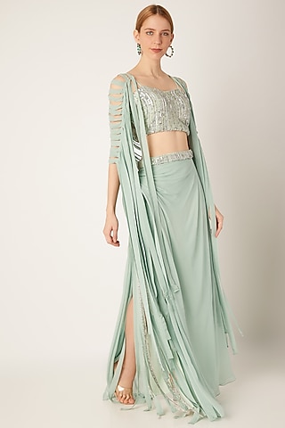 Sea Green Embroidered Draped Skirt Set by Disha Kahai