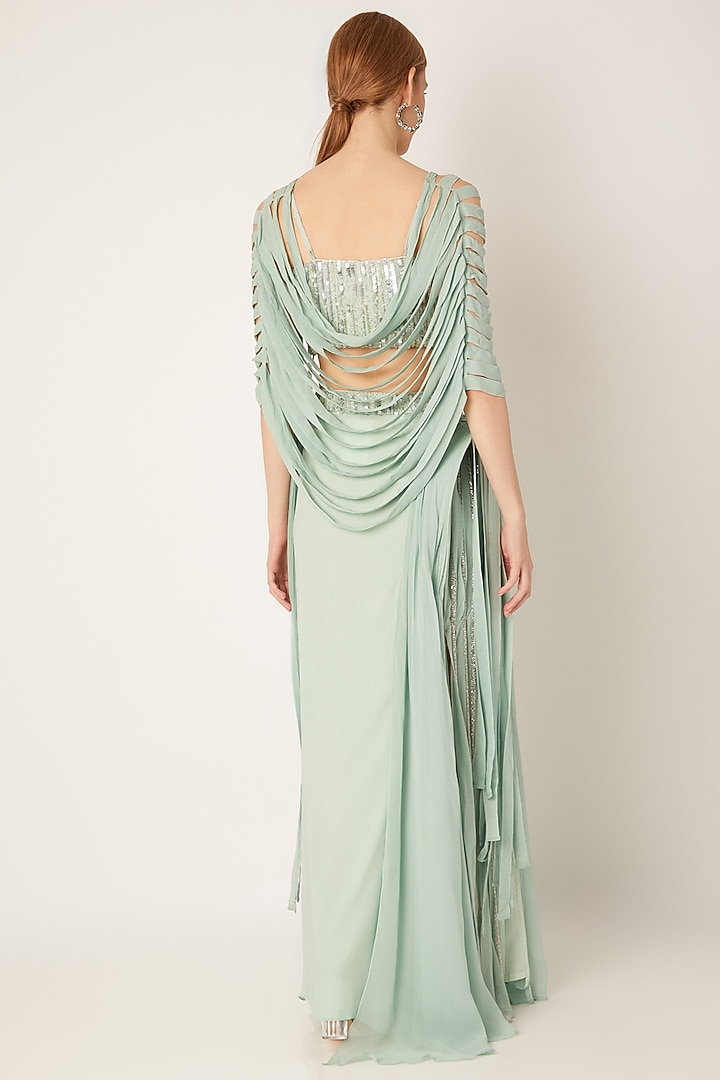 Sea Green Embroidered Draped Skirt Set by Disha Kahai at Pernia's Pop Up Shop