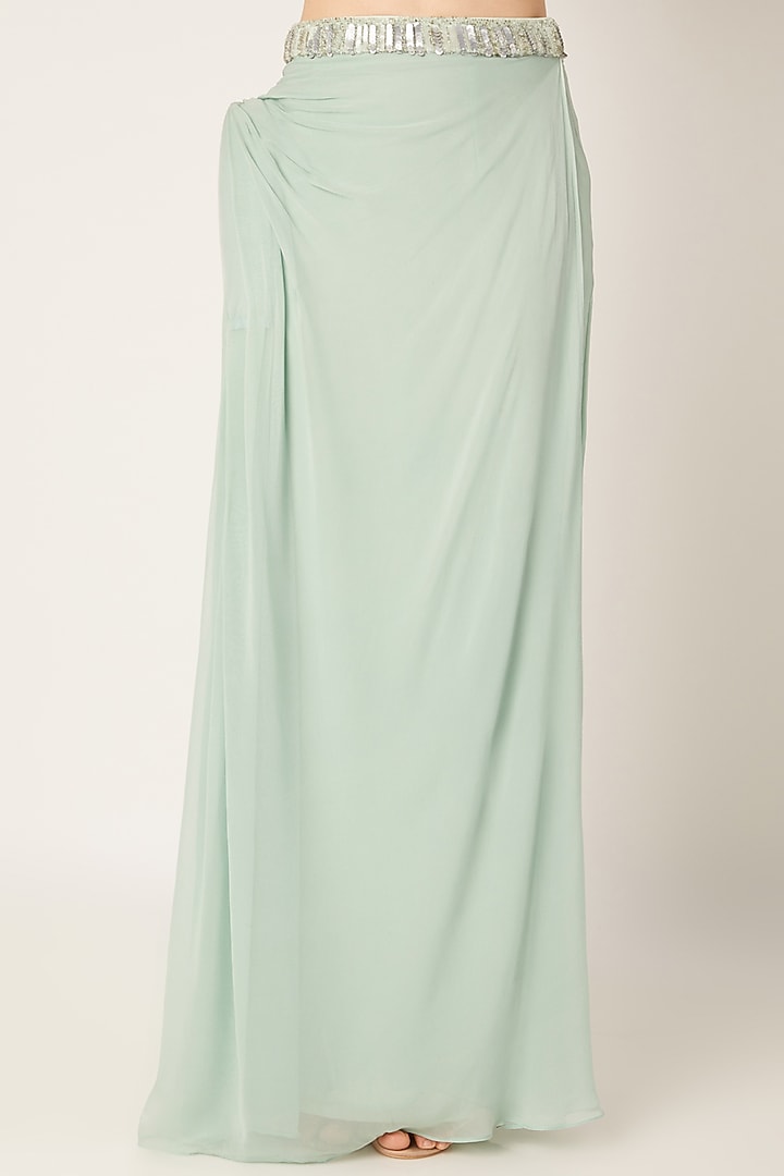 Sea Green Embroidered Draped Skirt Set by Disha Kahai at Pernia's Pop Up Shop