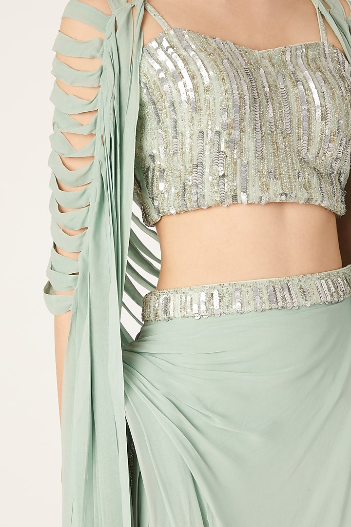Sea Green Embroidered Draped Skirt Set by Disha Kahai at Pernia's Pop Up Shop