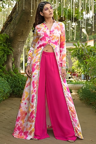Multi-Colored Cotton Satin Embroidered Kurta Set by Disha Kahai