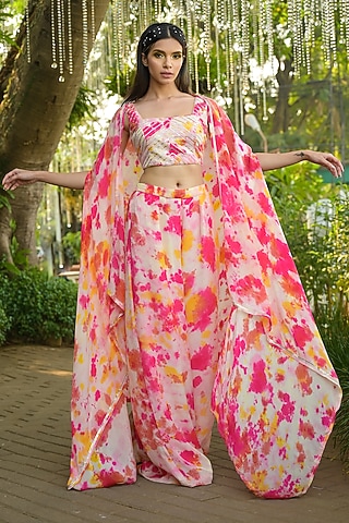 Multi-Colored Crepe Cape Set by Disha Kahai