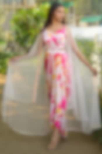 Multi-Colored Cotton Satin Cut-Out Dress With Cape by Disha Kahai