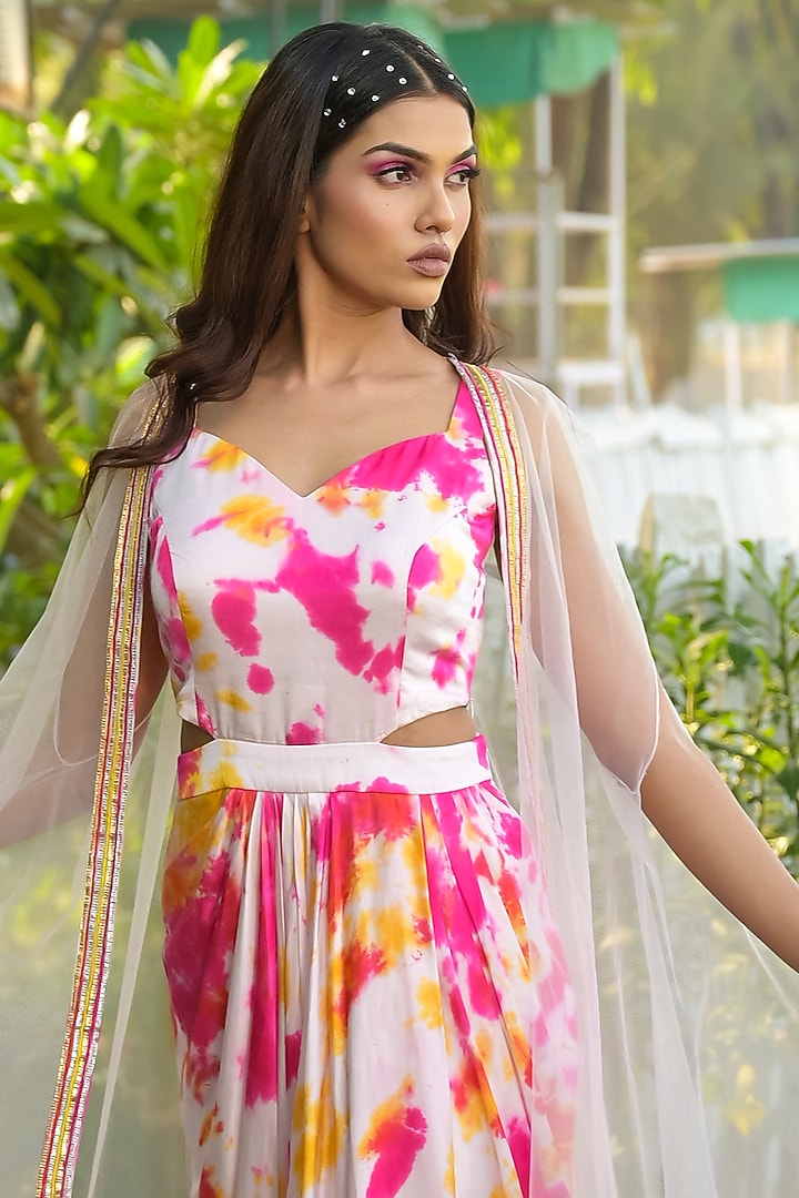 Multi-Colored Cotton Satin Cut-Out Vacation Dress With Cape by Disha Kahai at Pernia's Pop Up Shop
