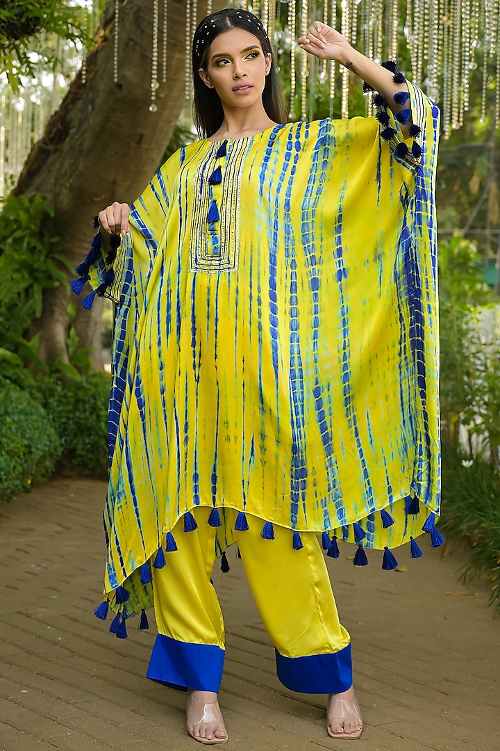 Multi-Colored Cotton Satin Embroidered Kaftan Set by Disha Kahai