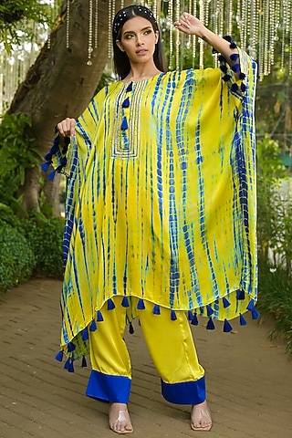 Multi-Colored Cotton Satin Embroidered Kaftan Set by Disha Kahai