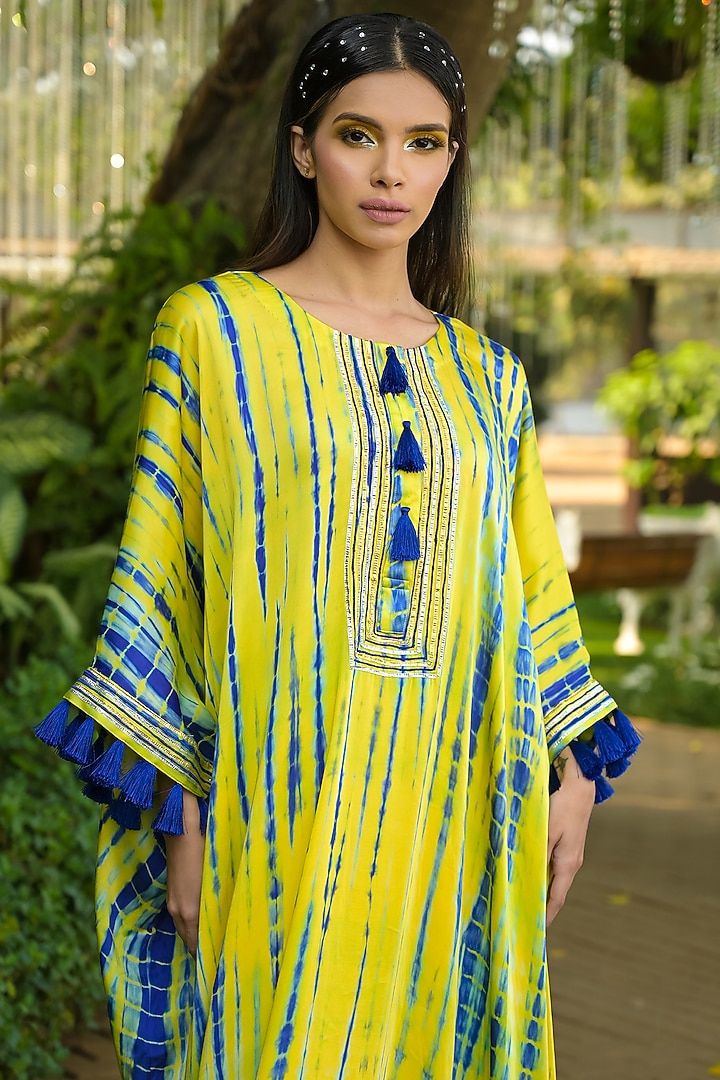 Multi-Colored Cotton Satin Embroidered Kaftan Set by Disha Kahai at Pernia's Pop Up Shop
