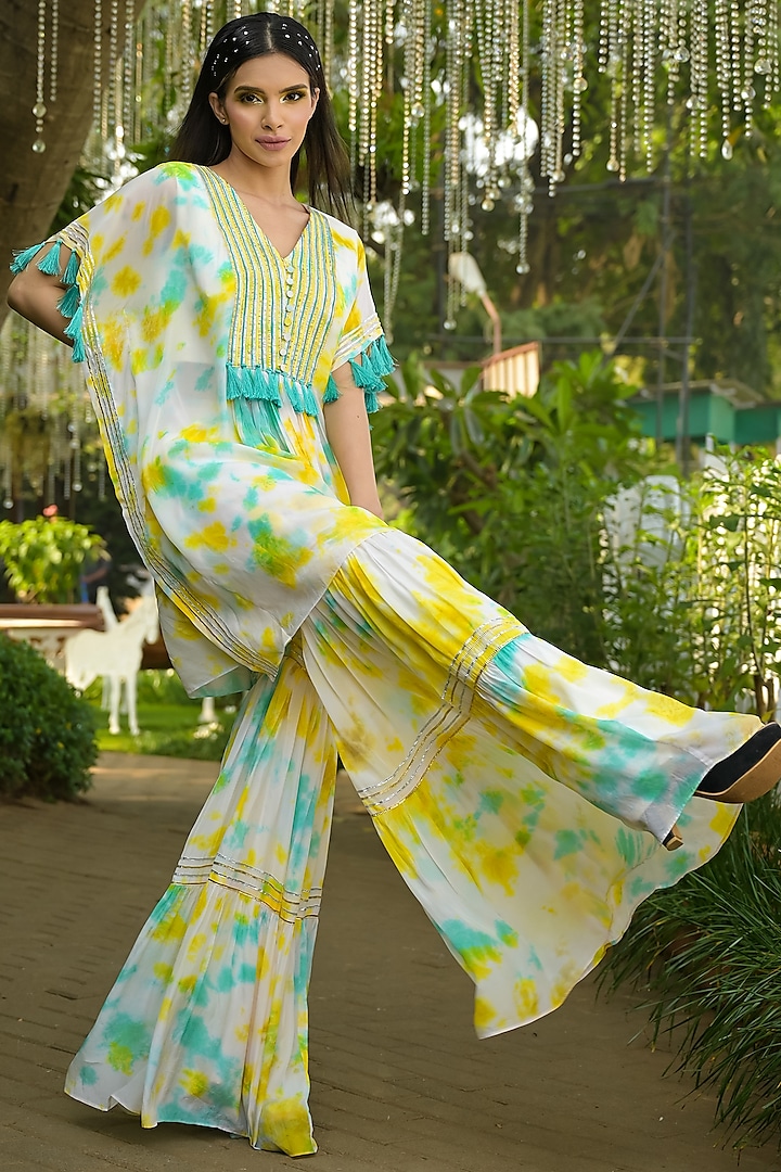 Buy Yellow Crepe Pant Set With Gota Work Kaftan Kurta