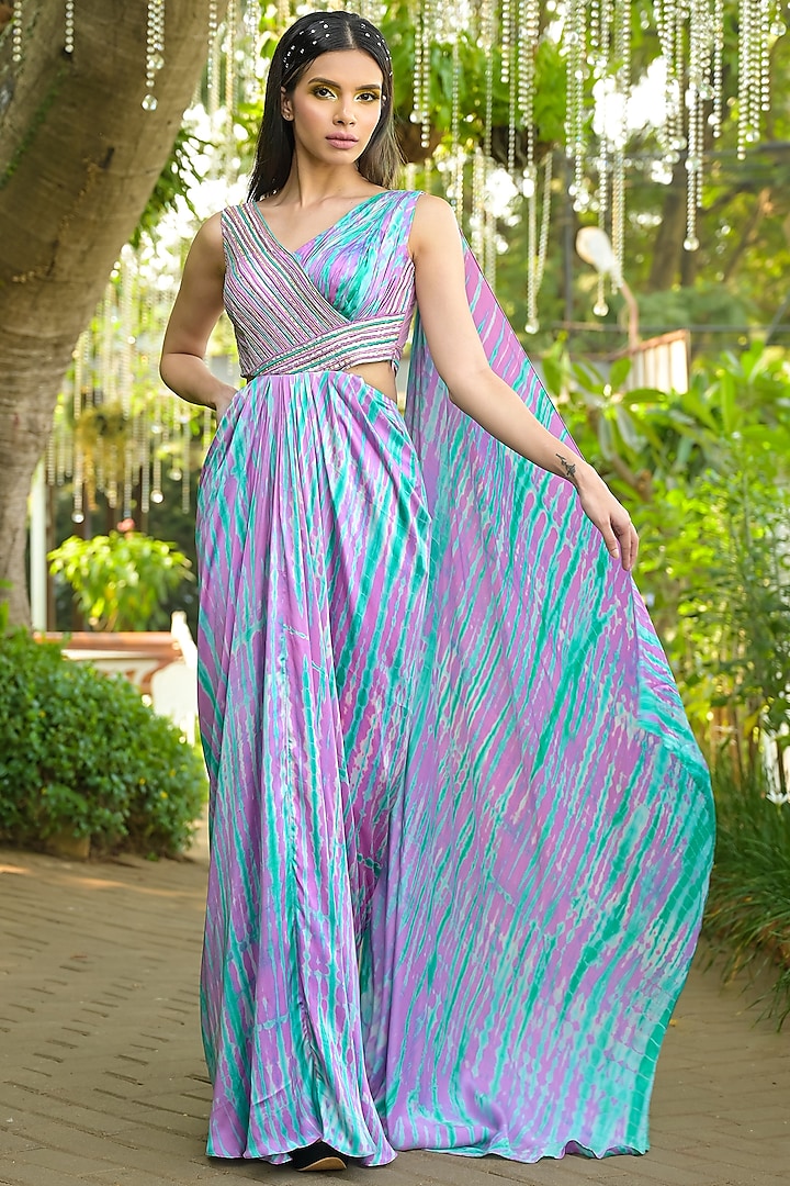 Multi-Colored Satin Silk & Net Embroidered Gown Saree by Disha Kahai