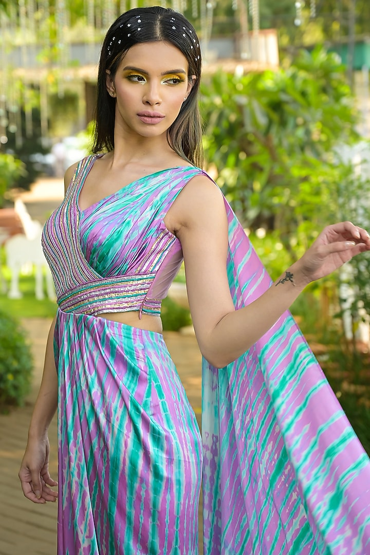 Multi-Colored Satin Silk Thread Embroidered Cut-Out Party Wear Gown Saree by Disha Kahai at Pernia's Pop Up Shop