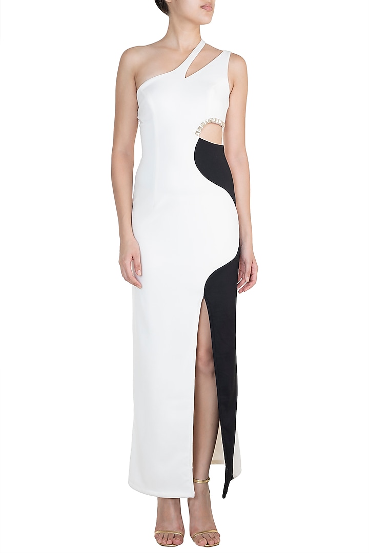 Black & White One Shoulder Gown by Disha Kahai at Pernia's Pop Up Shop