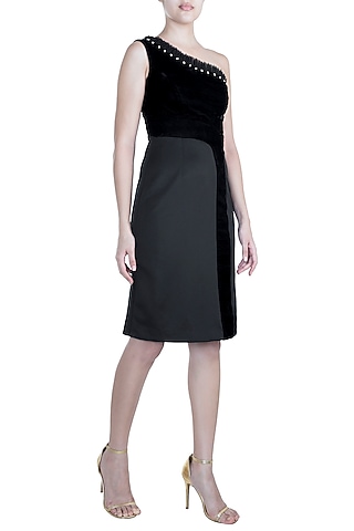 Black Pleated Frill Dress by Disha Kahai