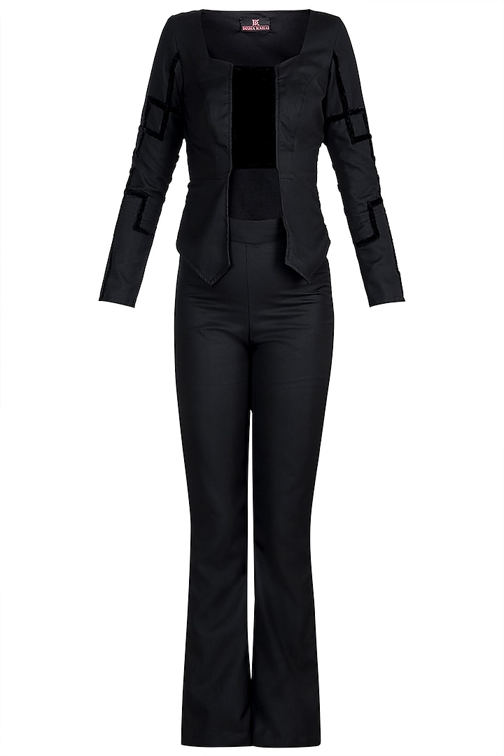 Black Studded Jacket Top With Pants by Disha Kahai