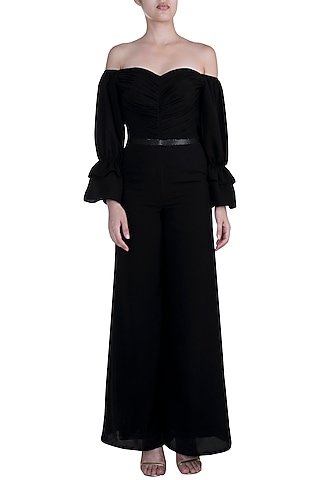 Black Off Shoulder Jumpsuit With Belt by Disha Kahai