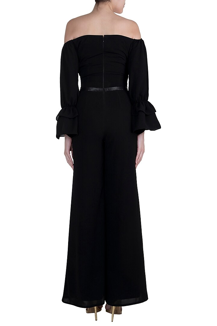 Black Off Shoulder Jumpsuit With Belt by Disha Kahai at Pernia's Pop Up Shop