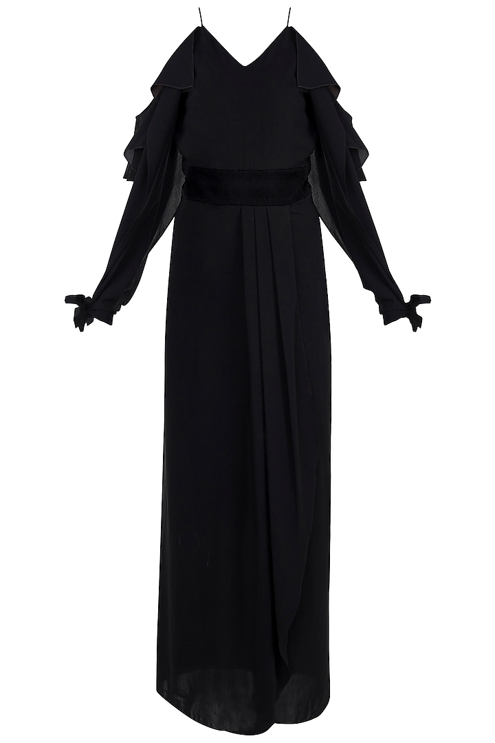 Black Front Slit Gown With Velvet Belt by Disha Kahai