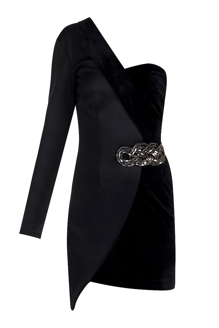 Black One Shoulder Blazer Dress With Embroidered Brooch by Disha Kahai