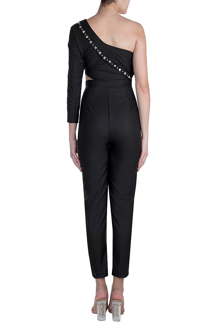 Black One Shoulder Blazer Jumpsuit by Disha Kahai at Pernia's Pop Up Shop