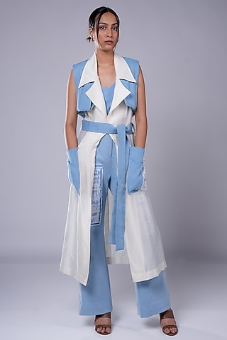 Blue & White Silk Cotton & Denim Trench Coat by Diksha Khanna