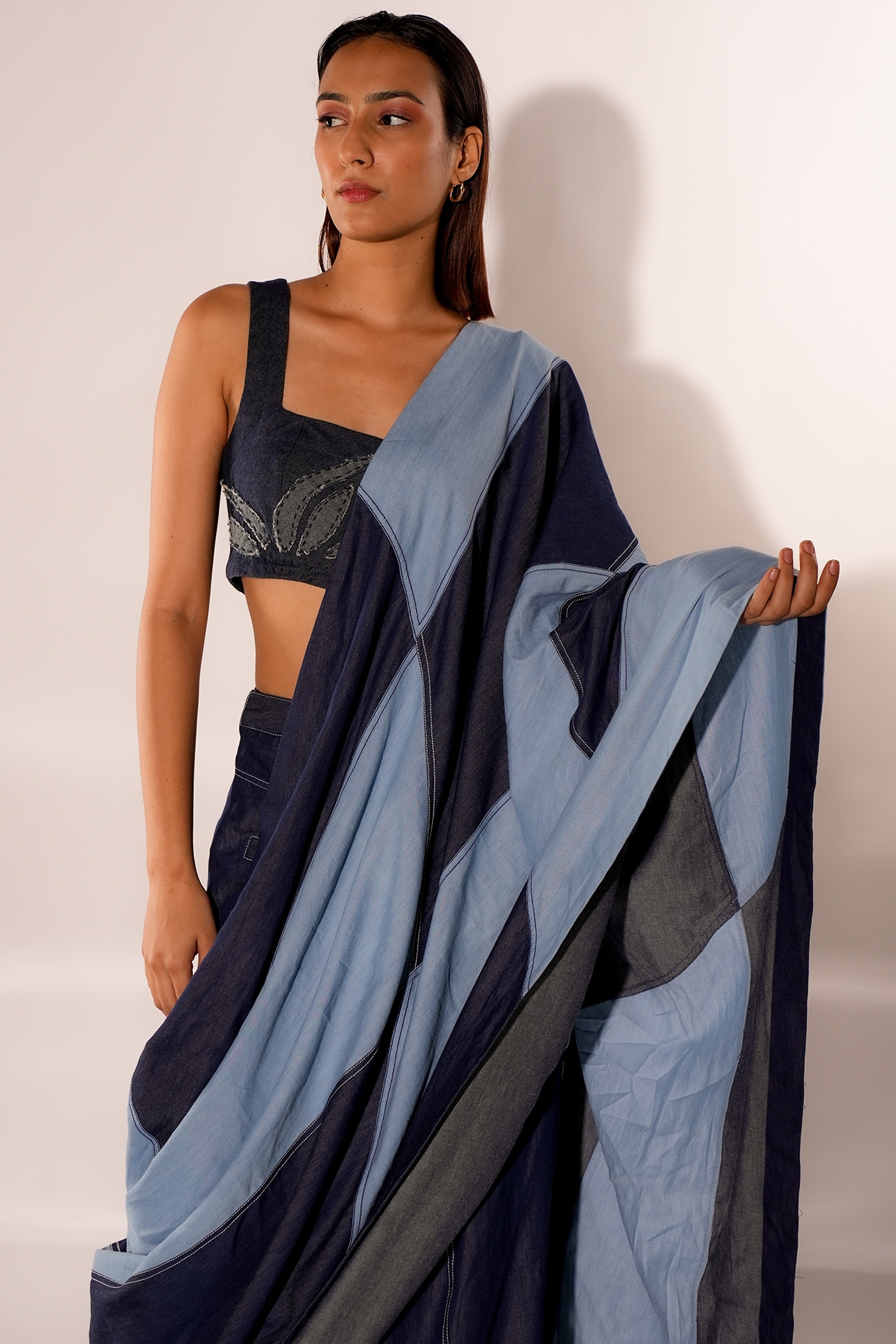 Dark Blue Denim Embroidered Pleated Skirt Saree Set Design by Diksha Khanna  at Pernia's Pop Up Shop 2024