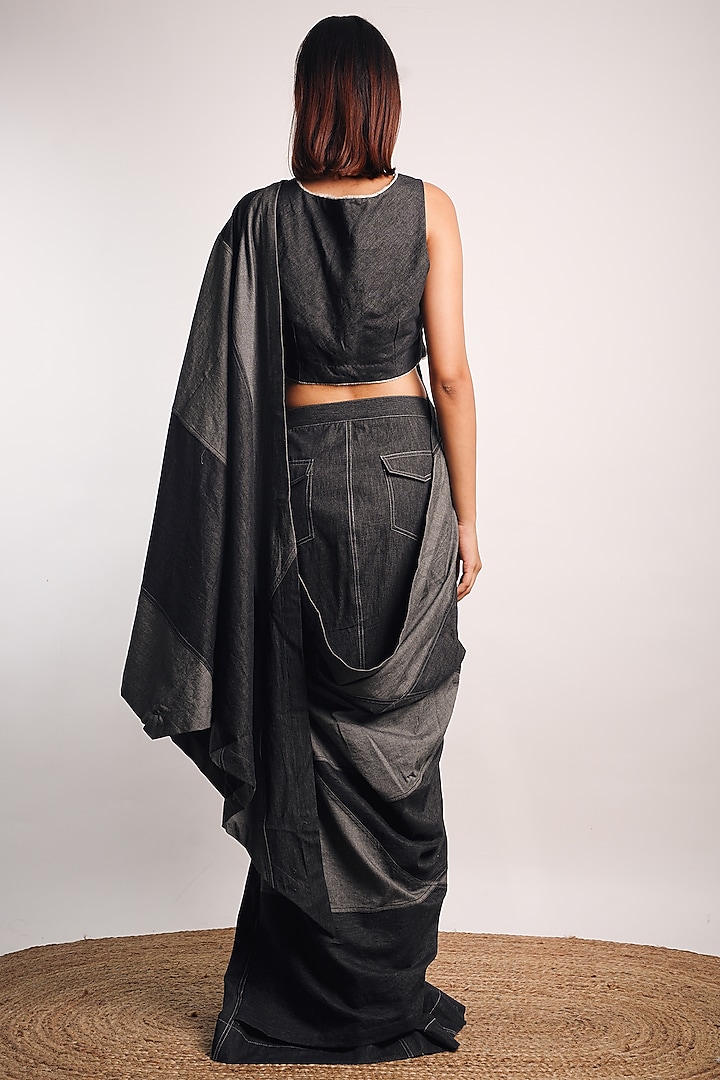 Grey Denim Patchwork embroidered Pre-Stitched Wedding Saree Set by Diksha Khanna at Pernia's Pop Up Shop