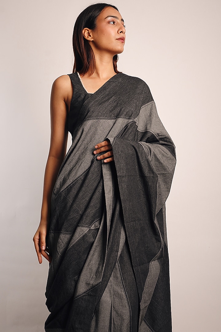 Grey Denim Patchwork embroidered Pre-Stitched Wedding Saree Set by Diksha Khanna at Pernia's Pop Up Shop