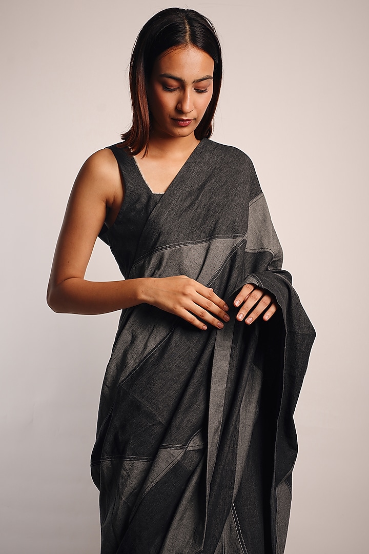 Grey Denim Patchwork embroidered Pre-Stitched Wedding Saree Set by Diksha Khanna at Pernia's Pop Up Shop