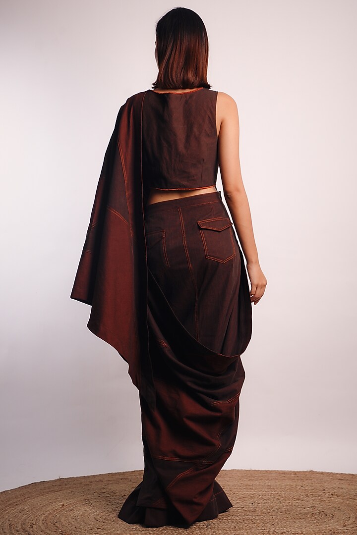 Brown Denim Patchwork embroidered Pre-Stitched Wedding Saree Set by Diksha Khanna at Pernia's Pop Up Shop