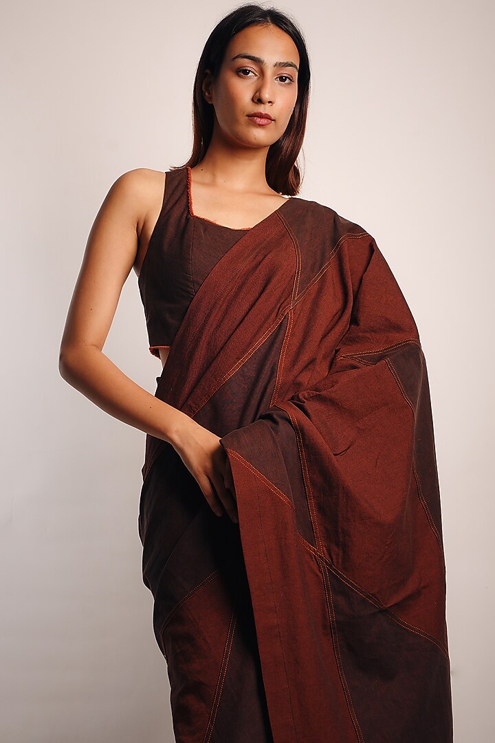 Brown Denim Patchwork embroidered Pre-Stitched Wedding Saree Set by Diksha Khanna at Pernia's Pop Up Shop