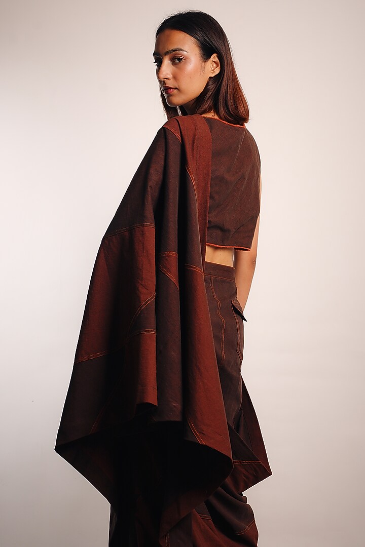 Brown Denim Patchwork embroidered Pre-Stitched Wedding Saree Set by Diksha Khanna at Pernia's Pop Up Shop