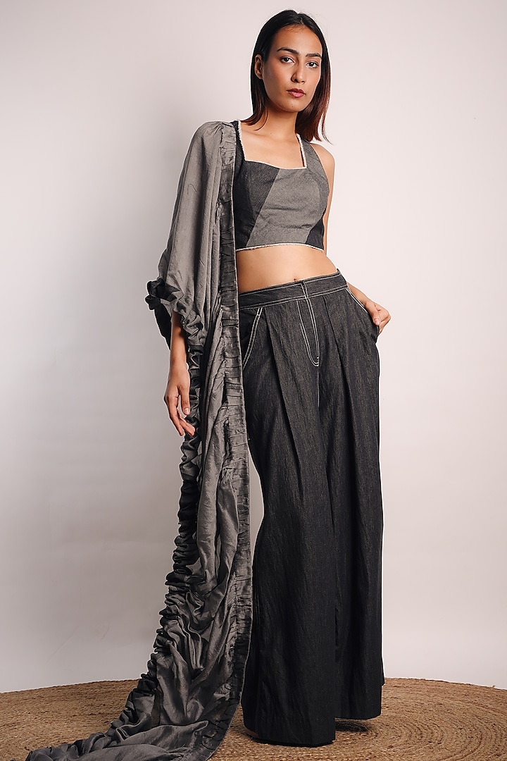 Grey Silk Cotton Ruched Pant Saree Set by Diksha Khanna