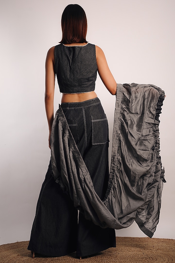 Grey Silk Cotton Ruched Pant Wedding Saree Set by Diksha Khanna at Pernia's Pop Up Shop