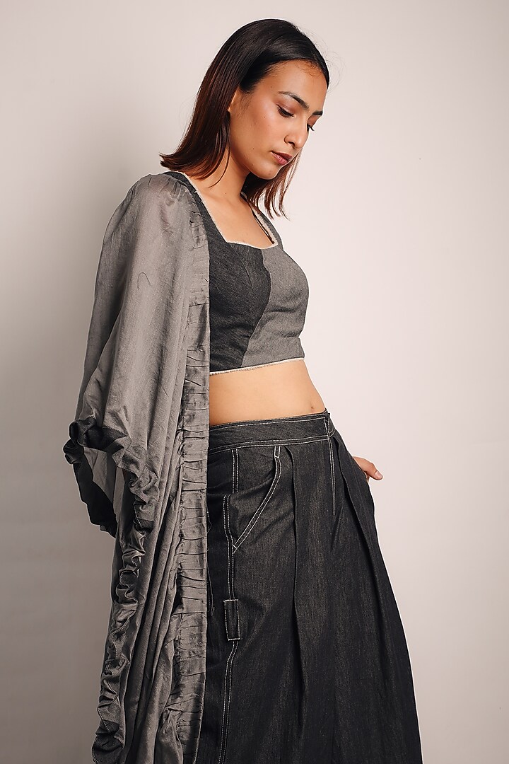 Grey Silk Cotton Ruched Pant Wedding Saree Set by Diksha Khanna at Pernia's Pop Up Shop