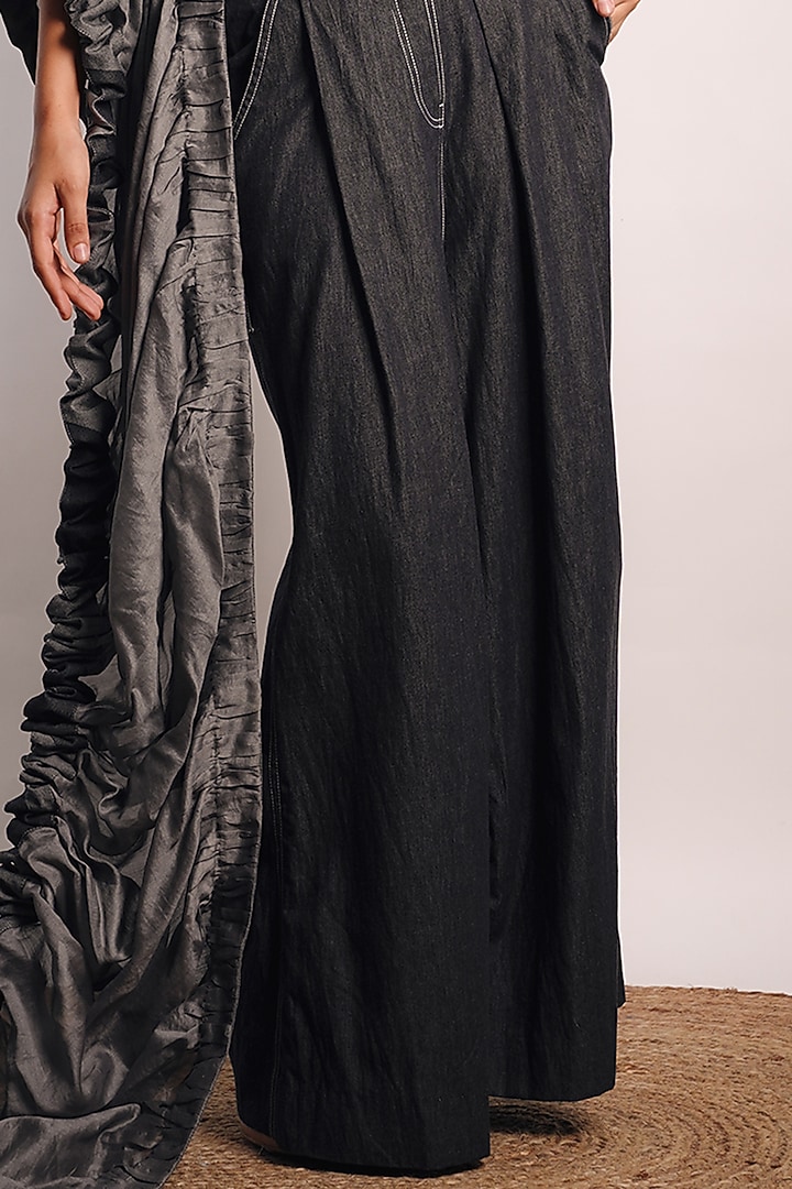 Grey Silk Cotton Ruched Pant Wedding Saree Set by Diksha Khanna at Pernia's Pop Up Shop