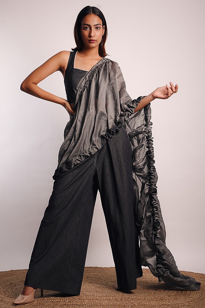 Grey Silk Cotton Ruched Pant Wedding Saree Set by Diksha Khanna at Pernia's Pop Up Shop