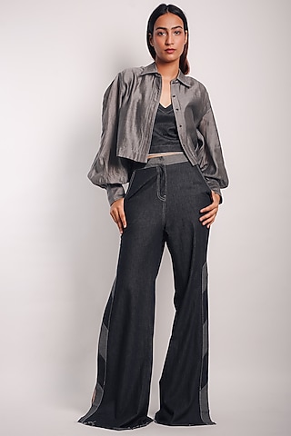Grey Denim Silk & Silk Cotton Co-Ord Set by Diksha Khanna