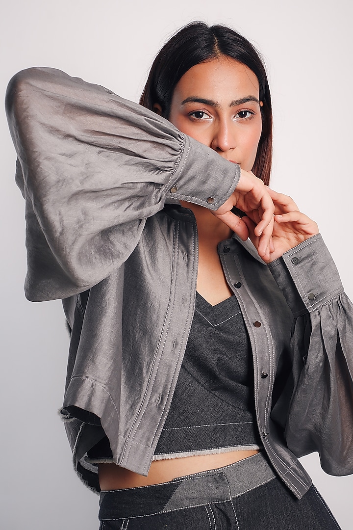 Grey Denim Silk & Silk Cotton Co-Ord Set by Diksha Khanna at Pernia's Pop Up Shop