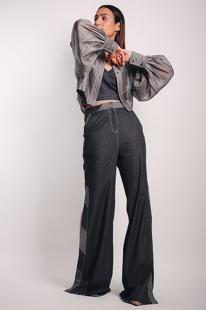 Grey Denim Silk & Silk Cotton Co-Ord Set by Diksha Khanna at Pernia's Pop Up Shop