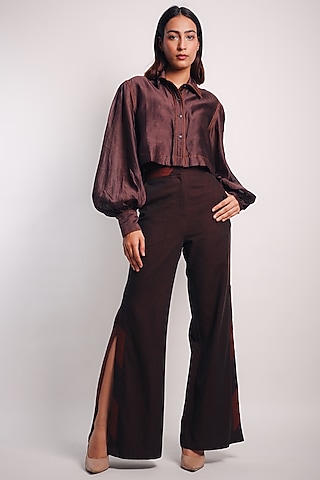 Brown Denim Silk & Silk Cotton Co-Ord Set by Diksha Khanna