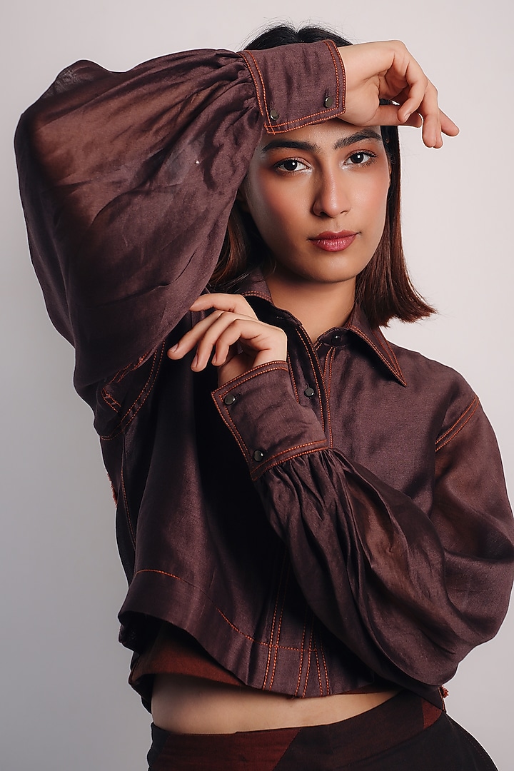 Brown Denim Silk & Silk Cotton Co-Ord Set by Diksha Khanna at Pernia's Pop Up Shop