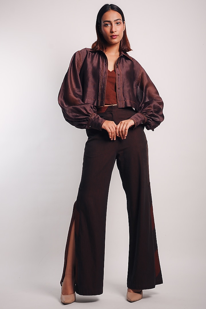 Brown Denim Silk & Silk Cotton Co-Ord Set by Diksha Khanna at Pernia's Pop Up Shop